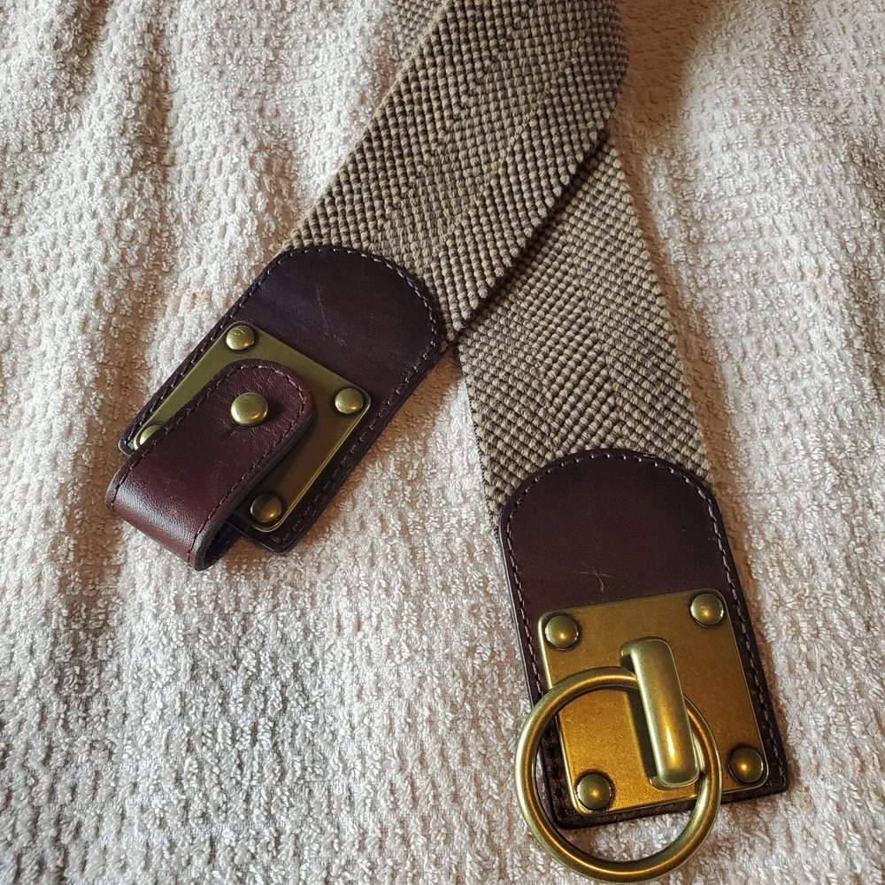 Brown‎ Leather Woven Elastic Cinch Waist Belt Brass Ring Toggle sz Small